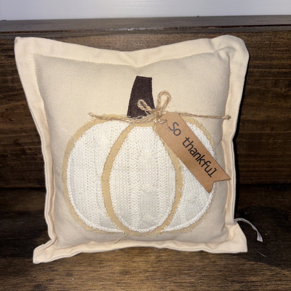 "So Thankful" Pumpkin Beige Linen White Cable Knit Pumpkin Twine Canvas Pillow